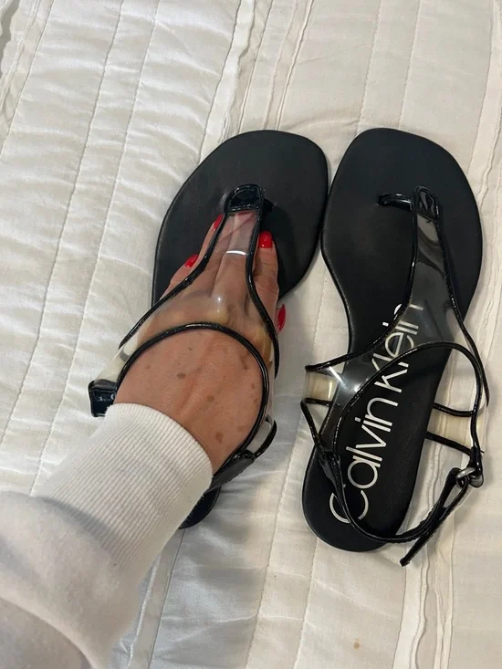 Calvin Klein Black Patent Strappy Sandals with Clear Panel - Picture 4 of 6